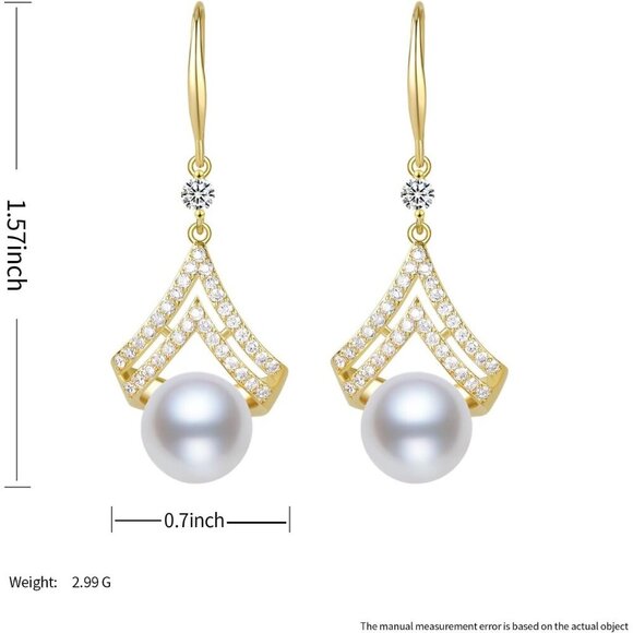 Pearl Drop Earrings for Women 14K Gold Plated Sterling Silver Dainty Dangle Gift - Picture 4 of 6